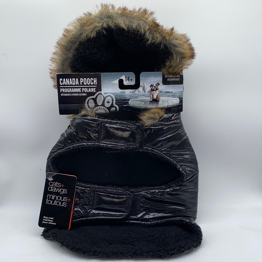 Canada Pooch Black Dog Winter Coat with Faux Fur Hood Size Small